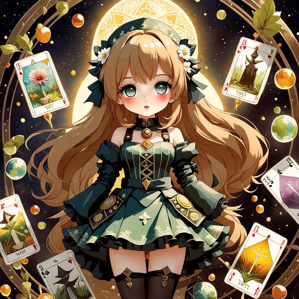 Kawaii Doll with Tarot Card Background
