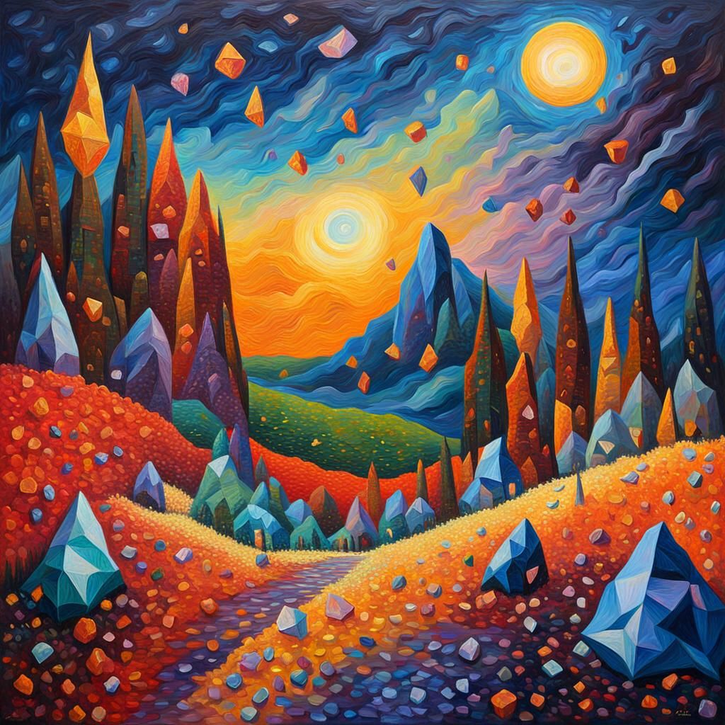 Crystalline Night: A Vibrant Surrealist Oil Painting