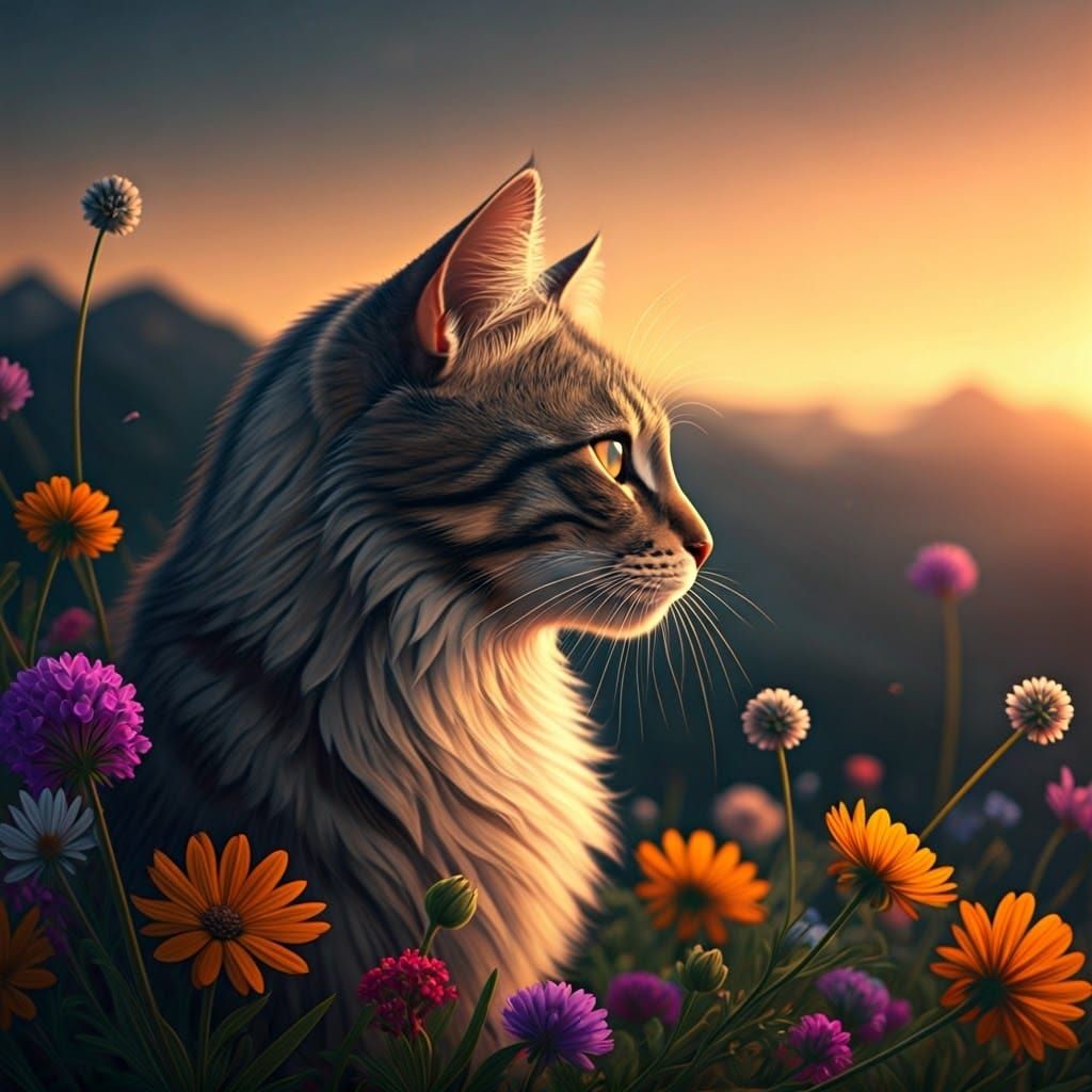 Cat Profile with Wildflowers and Mountain Sunset
