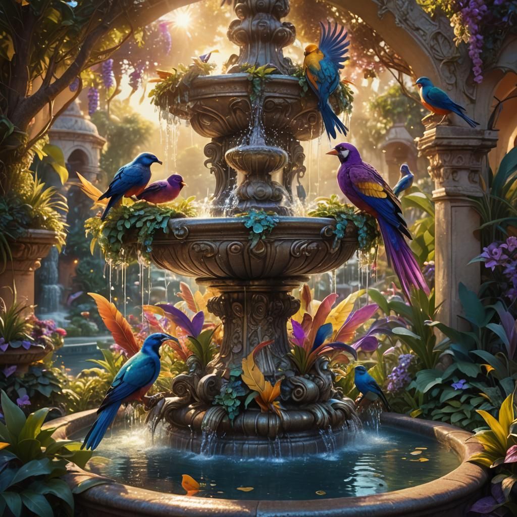 Birds Around Fountain in Lush Garden: Fantasy Art