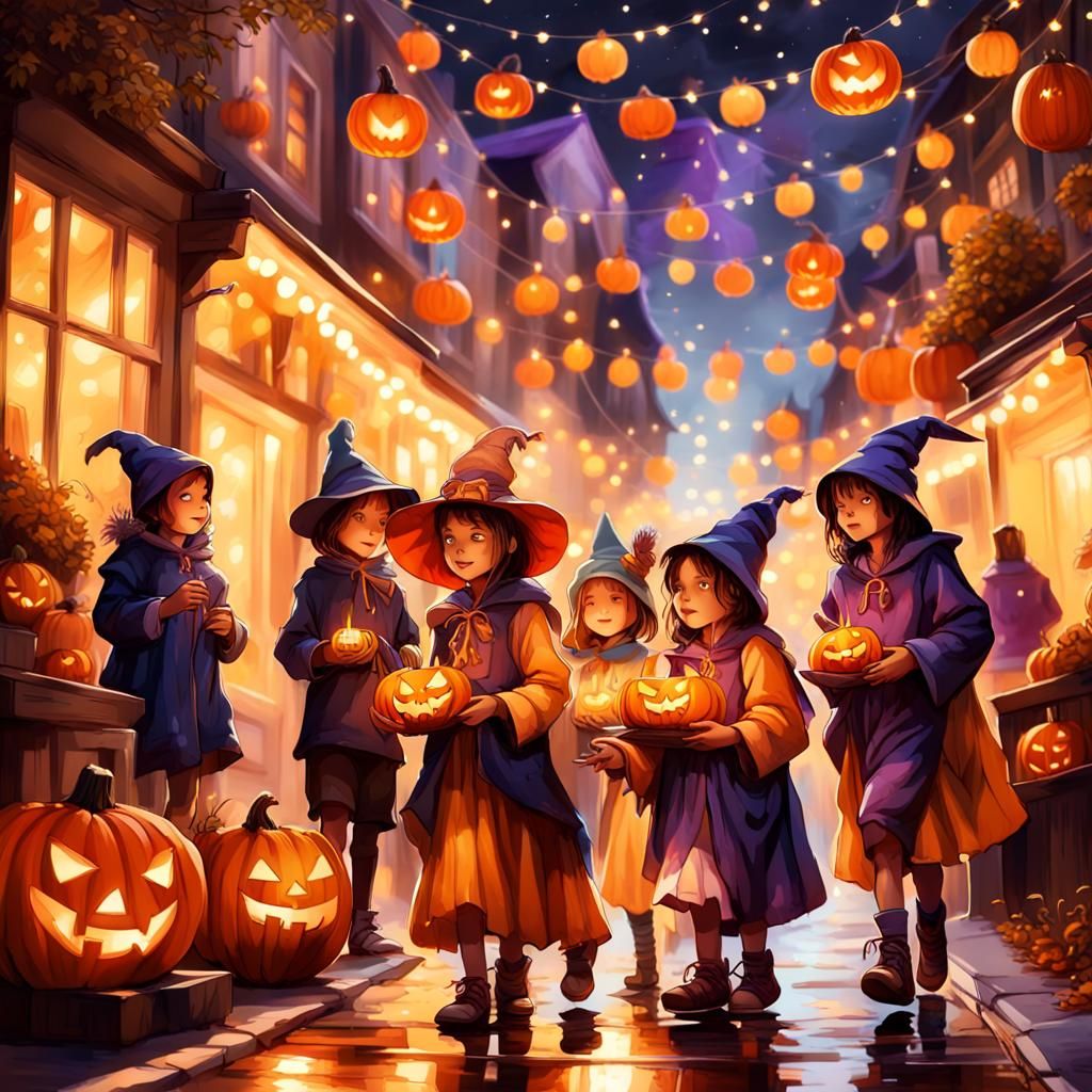 Festive Halloween Night Street Scene in Fantasy Style