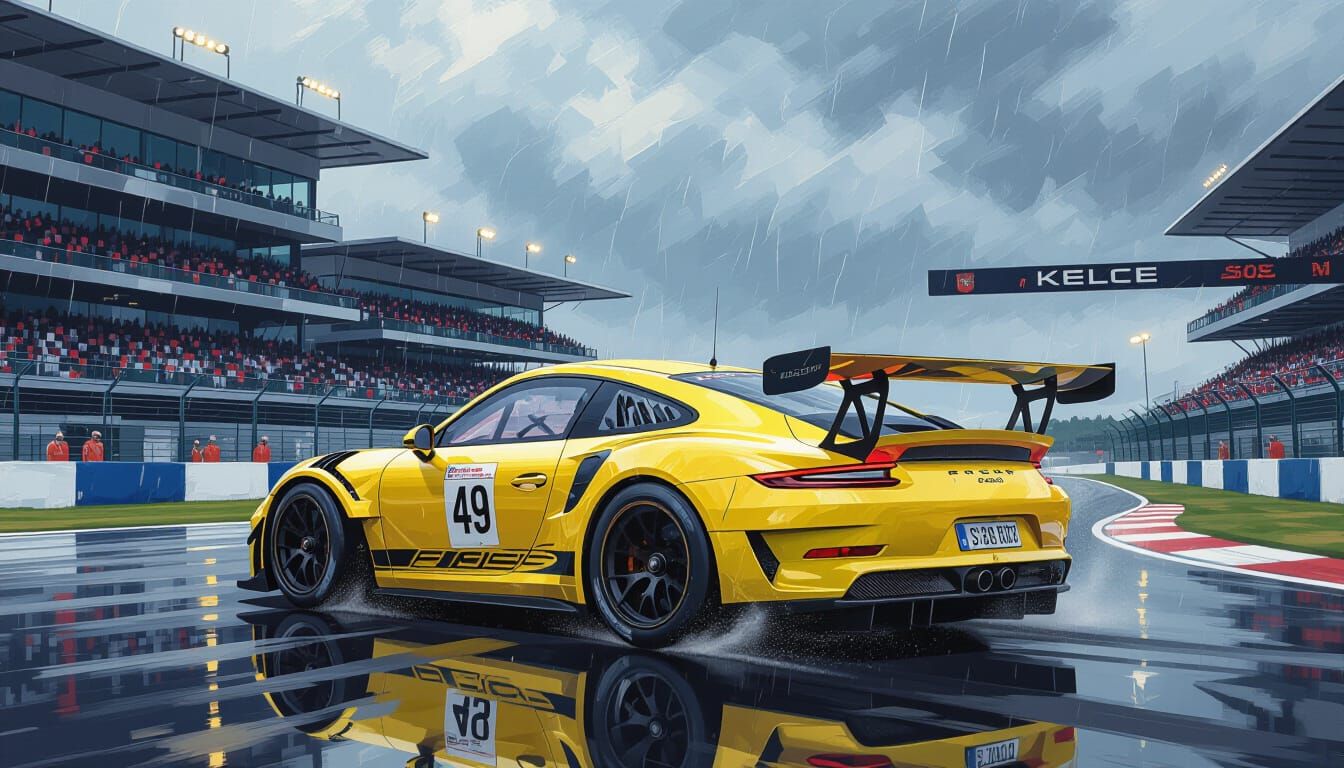 Sunglow Yellow Porsche 911 GT3 RS Races in Rain at Spa
