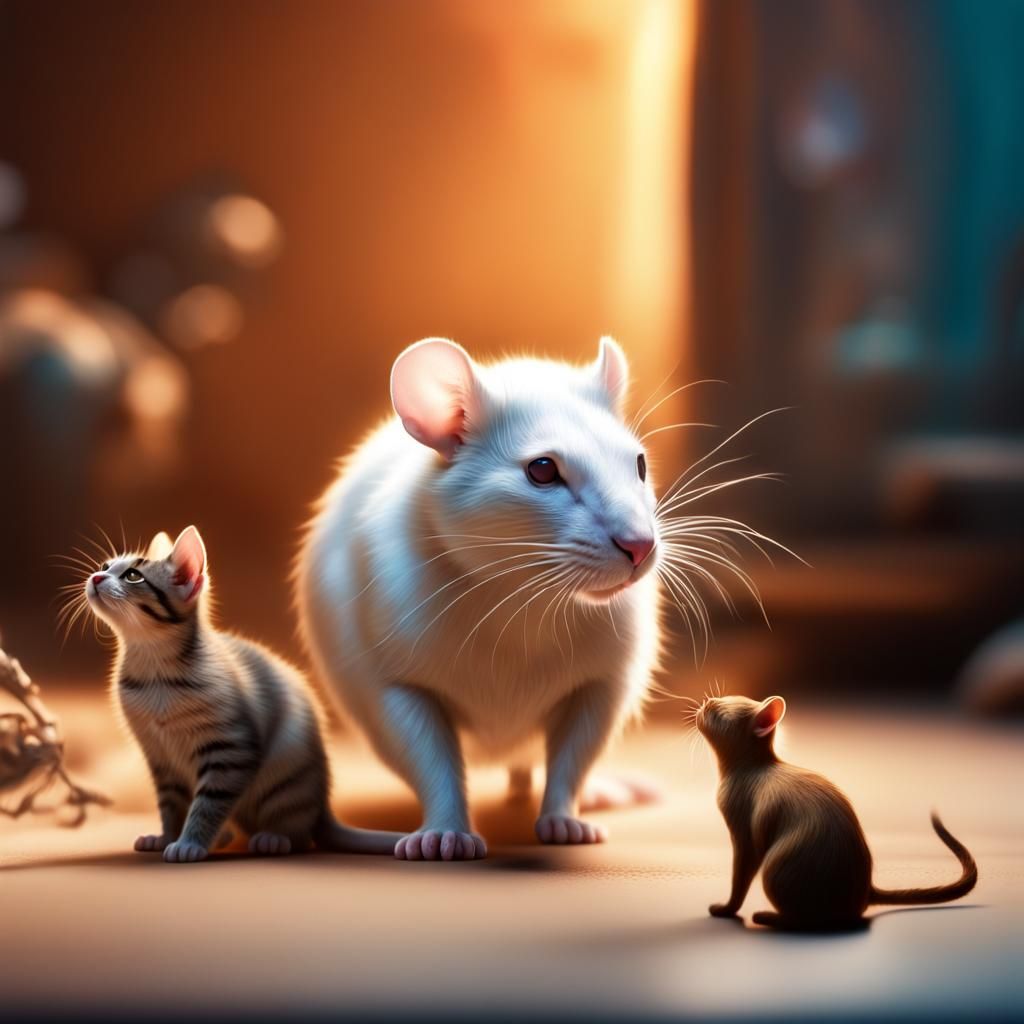 Hyperrealistic Rat Sniffing Cat in Photo Studio