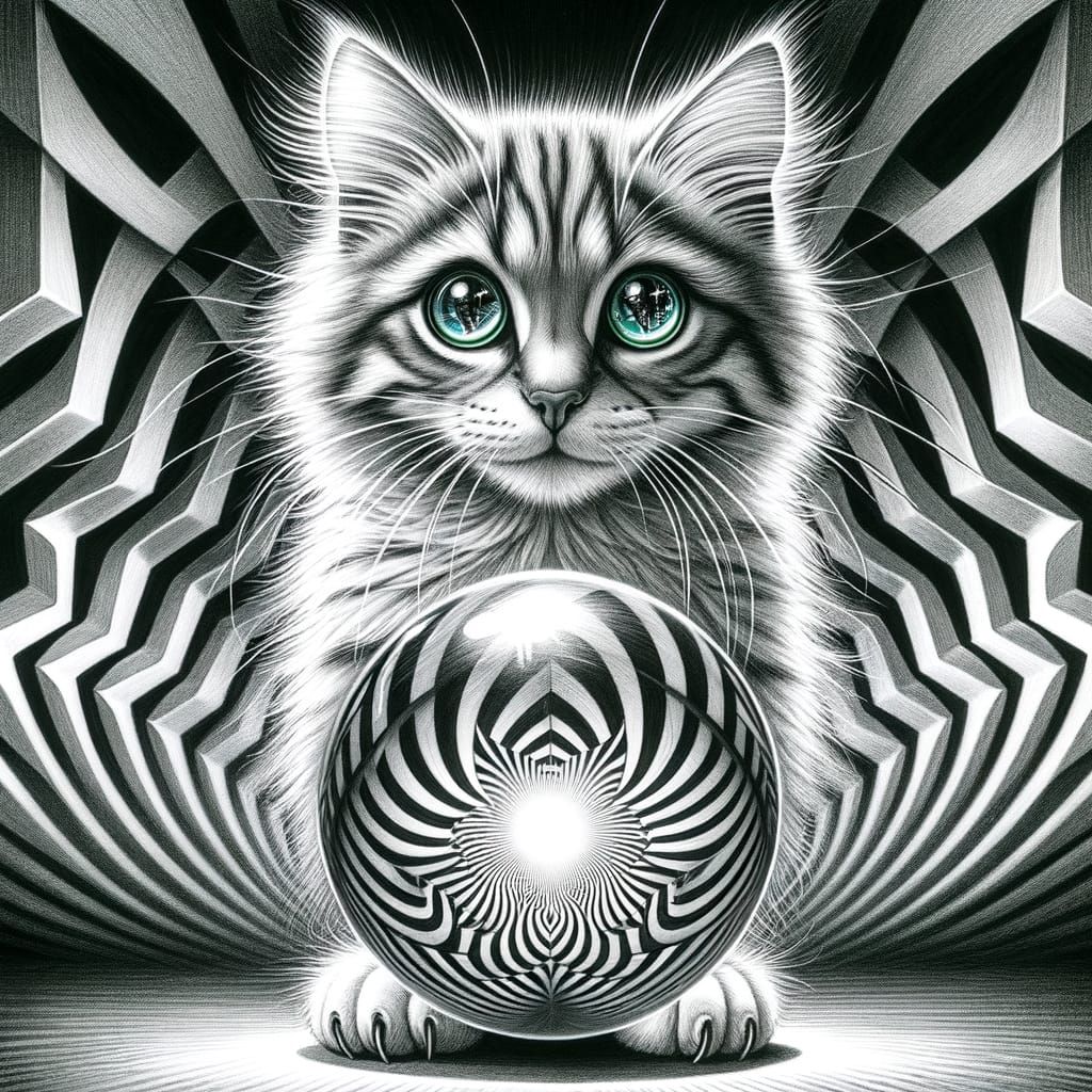 Enchanted Feline Mystique in Black and White Pencil Sketch