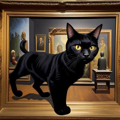Black Cat Hiding: Surreal Oil Painting in Museum