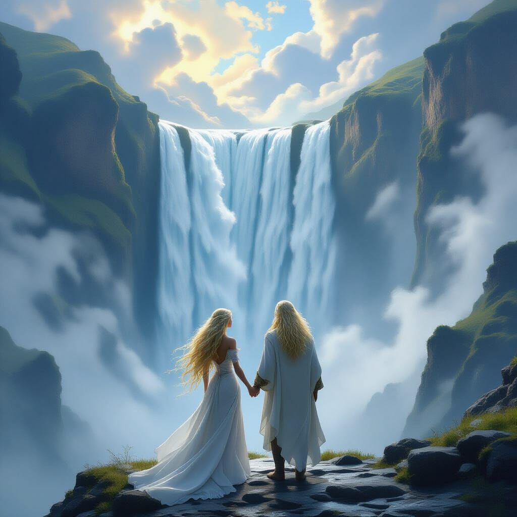 Couple by Colossal Waterfall in Ethereal Digital Painting