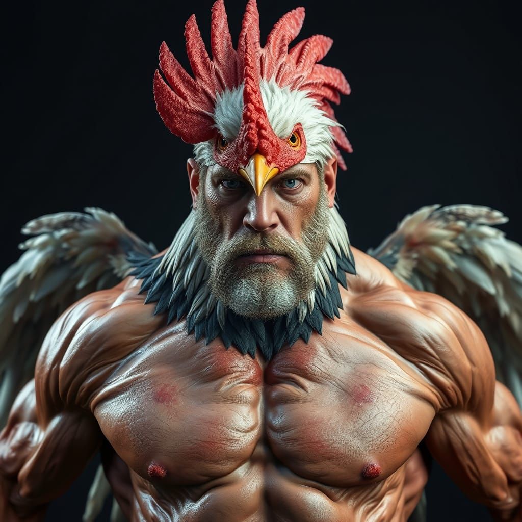 Hyper-Realistic Rooster-Human Hybrid in Dynamic Pose