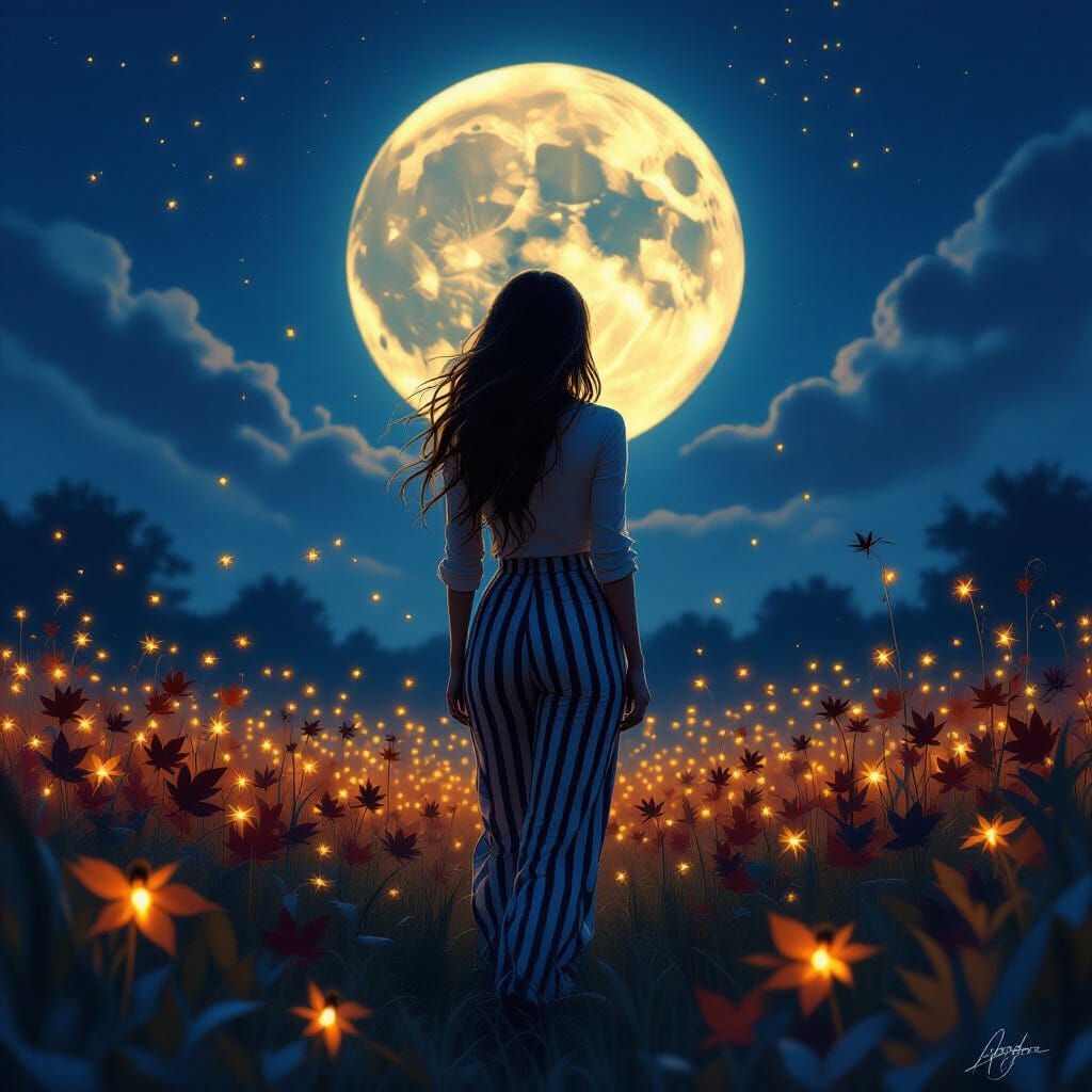 Woman in Beetle Field Under Moonlight, in Dark Fantasy Art