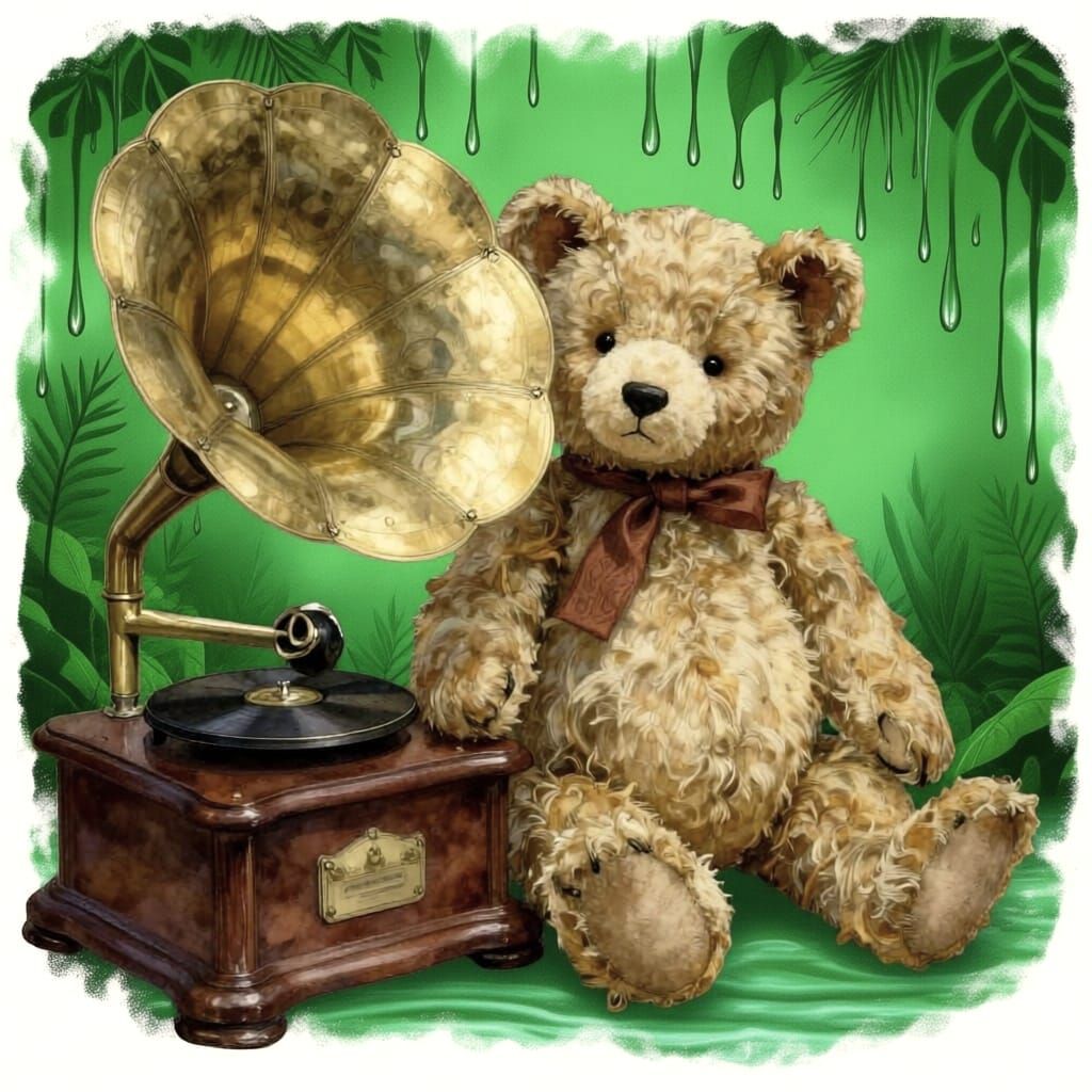 Art Nouveau Teddy Bear Listens to Music with Brass Details