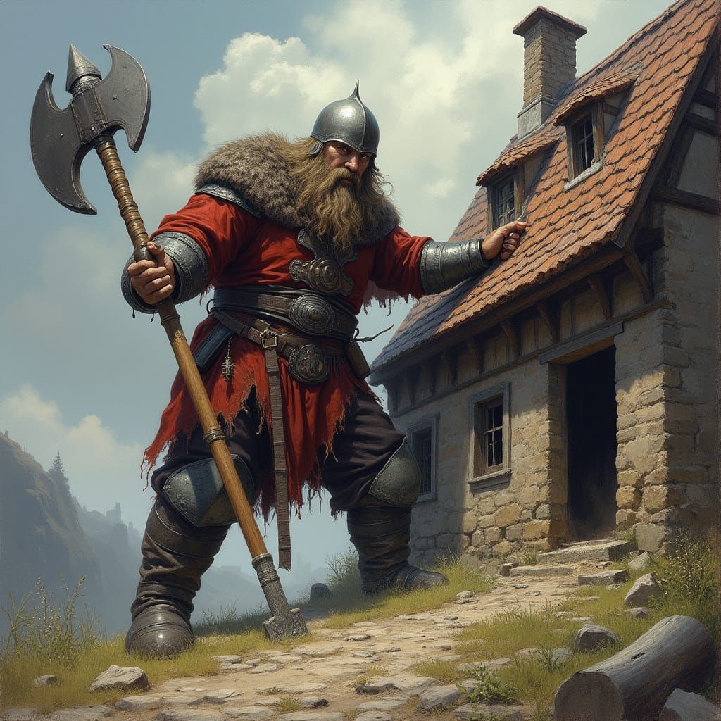 Medieval Fantasy Giant Smashes Village House in Vivid Drawin...