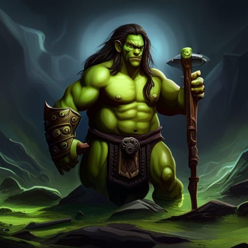 Green Orc Barbarian with Long Hair, Detailed Fantasy Art