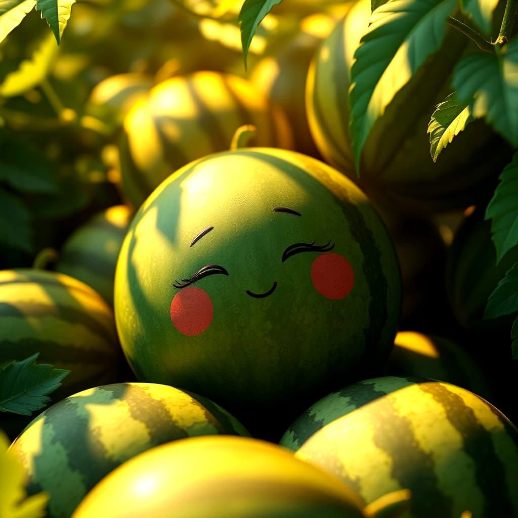 Whimsical Green Watermelon Slumber Scene in Fantasy Art