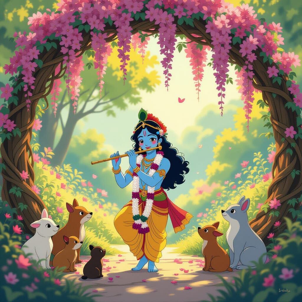 Krishna Under Floral Arch in Ghibli Animation Style