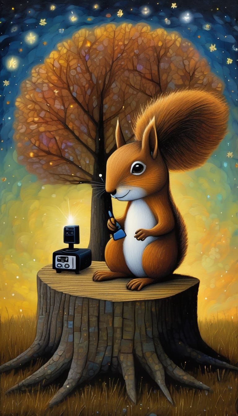 Squirrel with Remote Control: Surreal Oil Painting