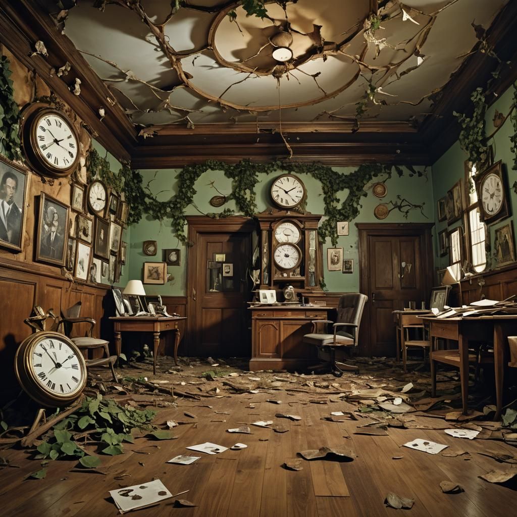 Surreal Abandoned Office with Melting Clocks