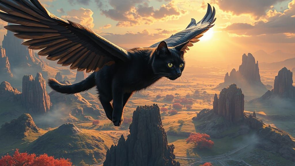 Winged Black Cat Gliding Over Fantasy Landscape