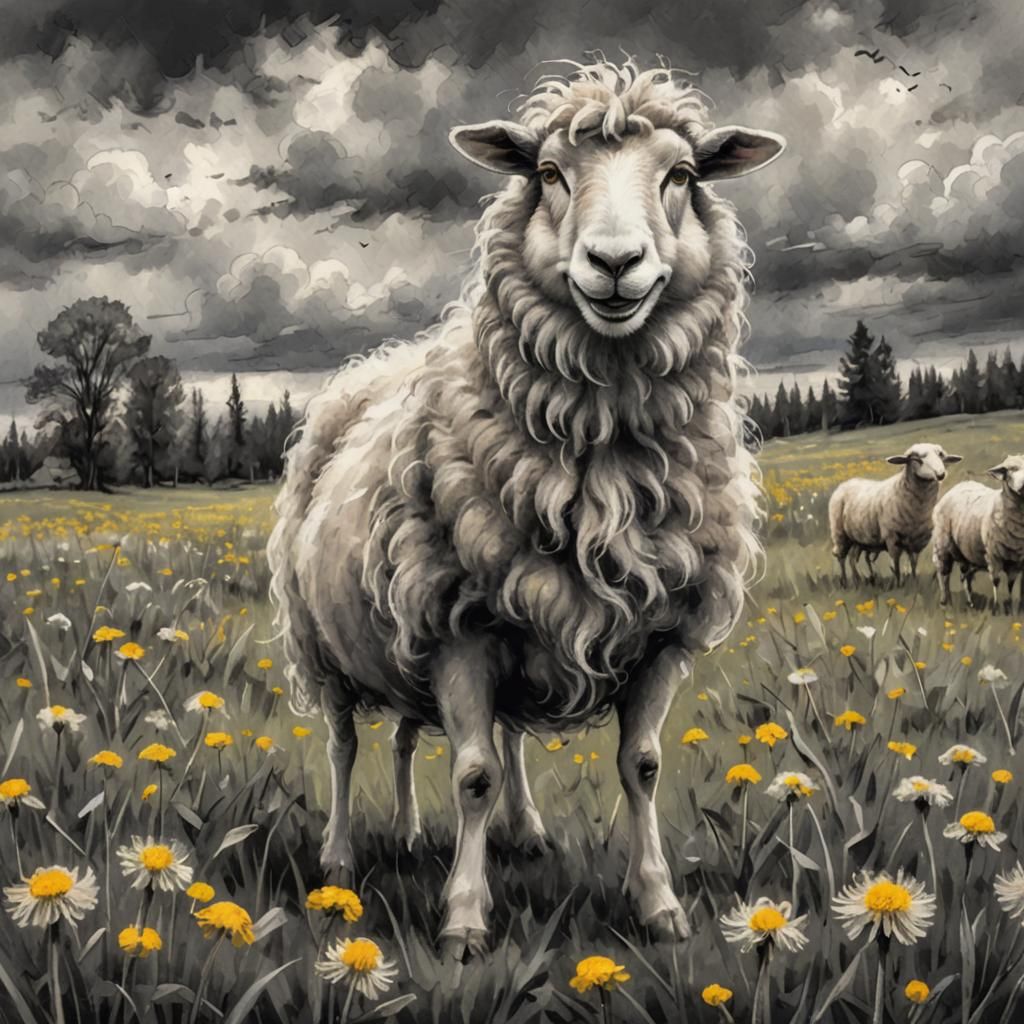 Smiling Sheep in Dandelion Field: Cartoon Charcoal Sketch