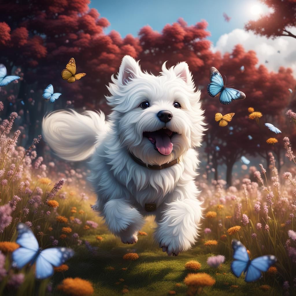 Happy White Dog Chasing Butterflies in Field