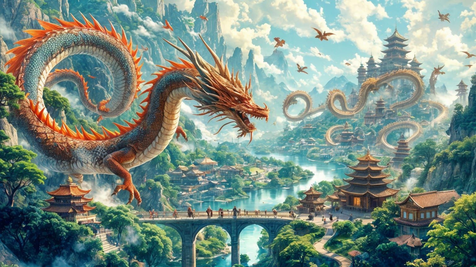 Eastern Dragons Soar Over Serene Pagoda Cities