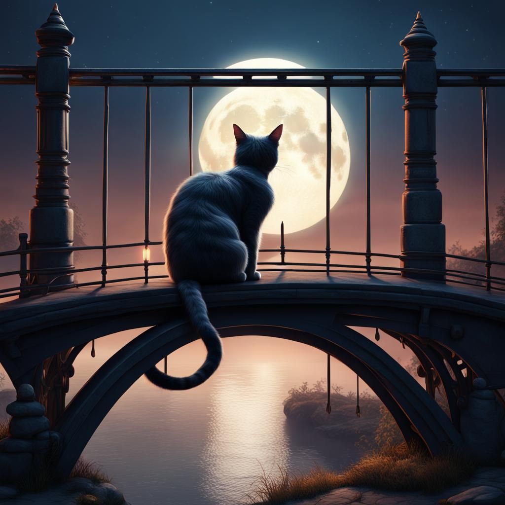 Cat Contemplates Moon: Detailed Matte Painting