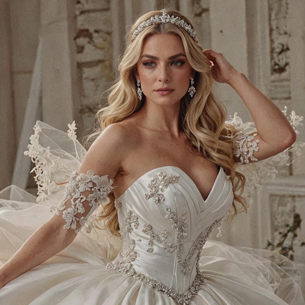 Beautiful Blonde Bride in White Satin Wedding Dress