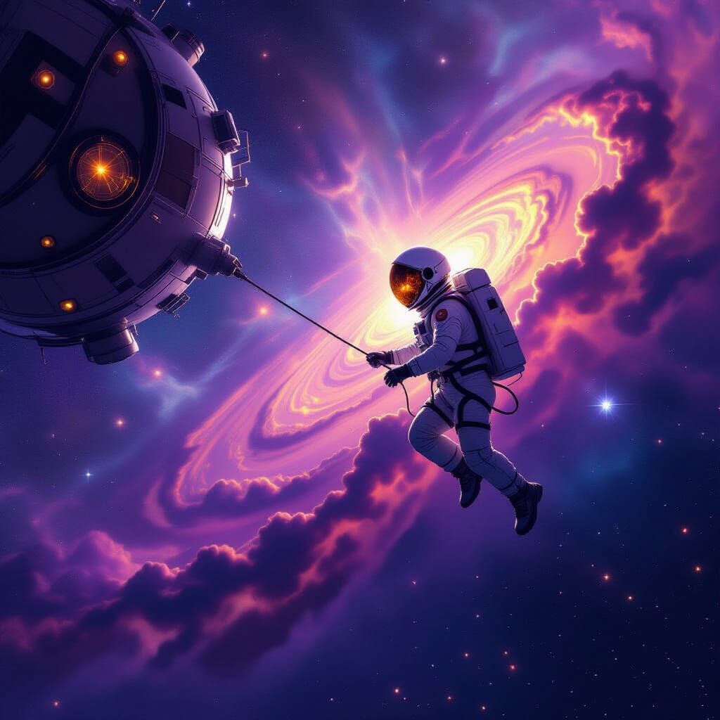 Astronaut Adrift in Cosmic Void with Swirling Nebulae