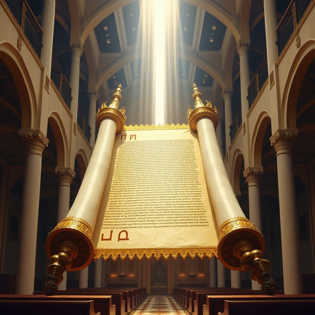 Glowing Torah Scroll in Synagogue, Dreamlike Art