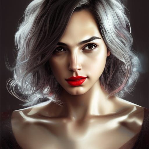 Gal Gadot, bronze eyeliner, red lipstick, silver hair