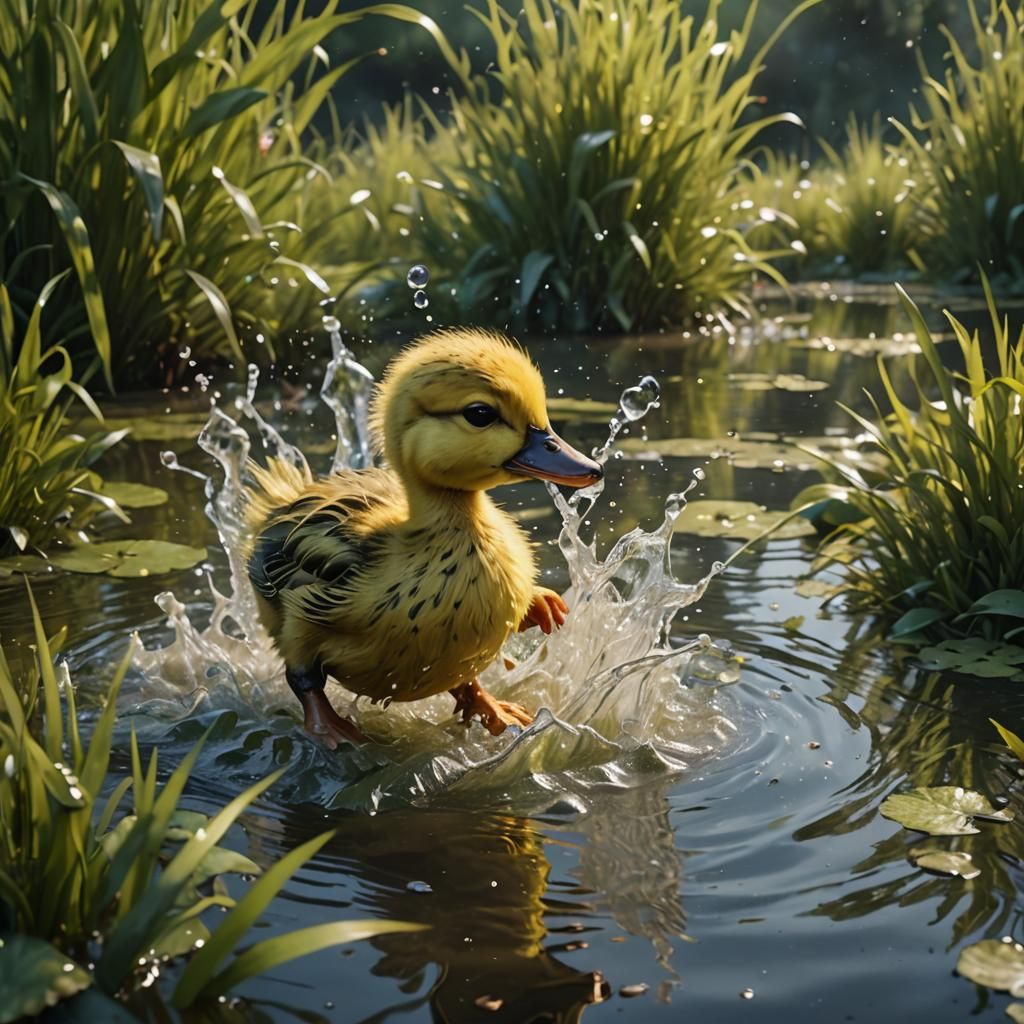Two-Legged Duckling Runs Through Pond: Detailed Digital Pain...