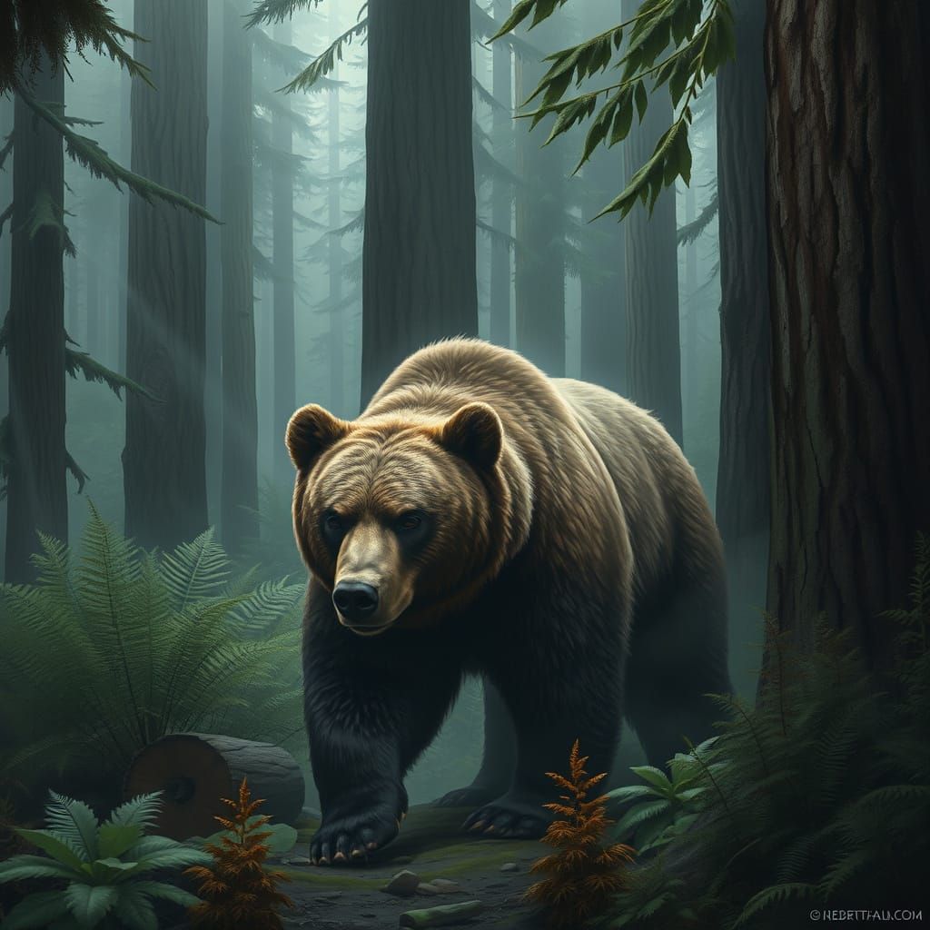 Grizzly Bear Roaming Misty Rainforest, Realist Style