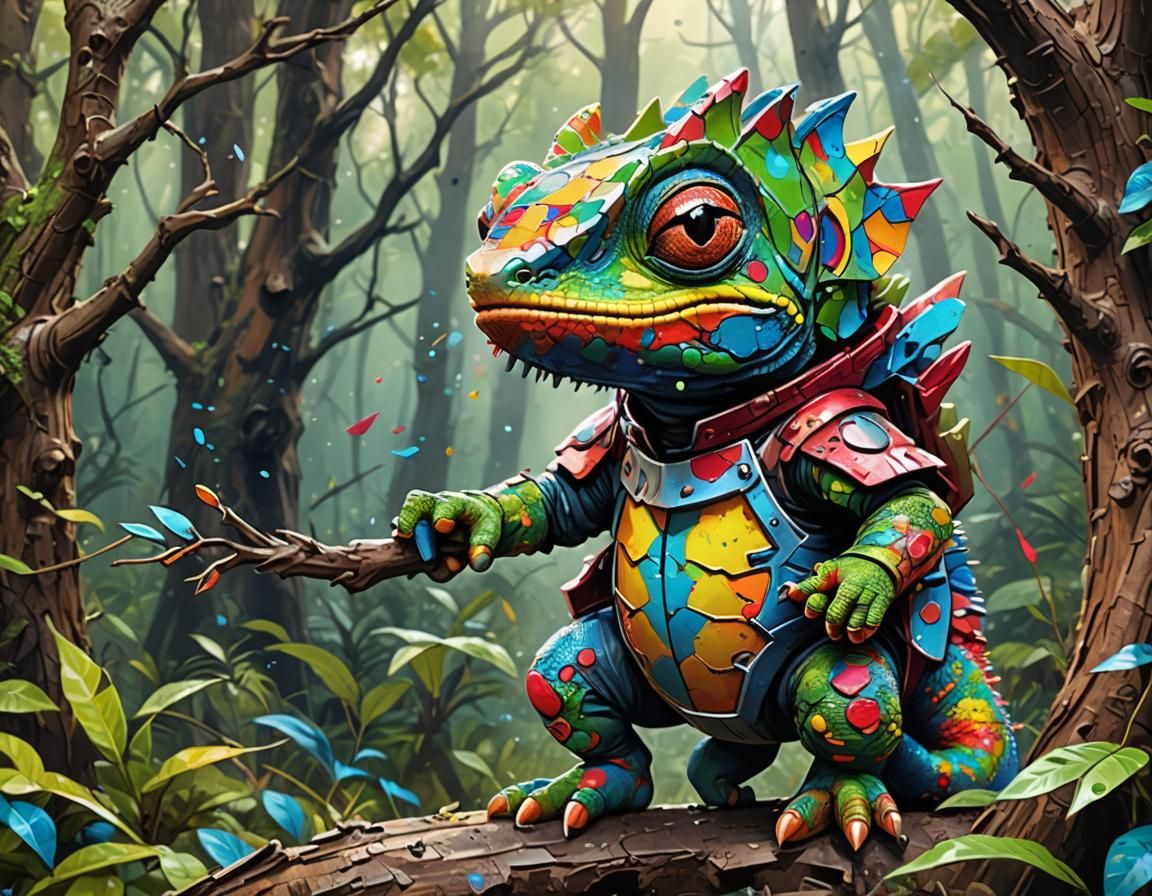 Chibi Chameleon Superhero Defending Forest Home
