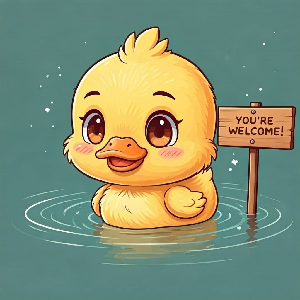Chibi Duckling Wades Beside a Humorous Sign