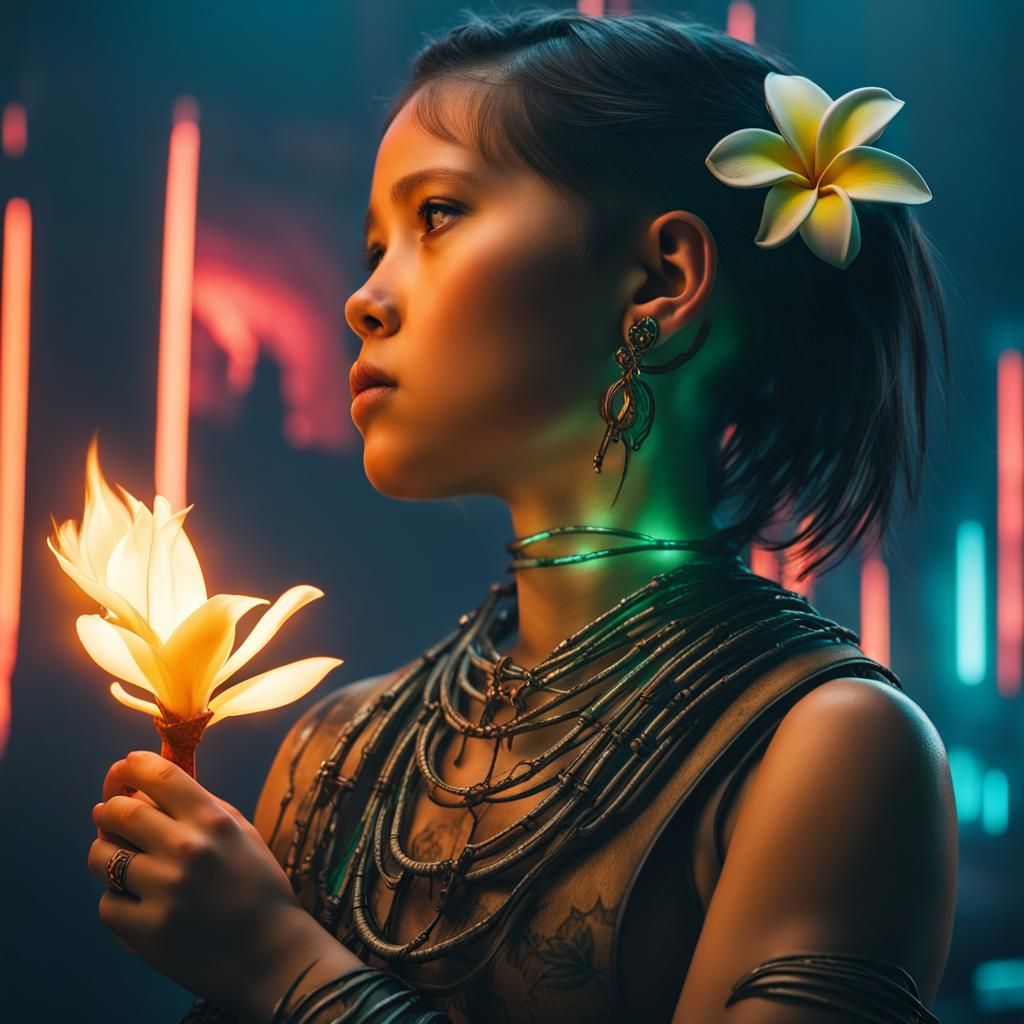 Hawaiian Toddler with Fire Flower in Cyberpunk Style