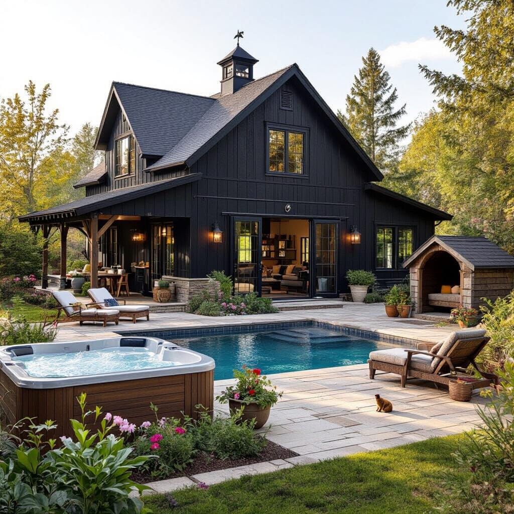 Rustic Backyard with Barn, Pool, and Garden
