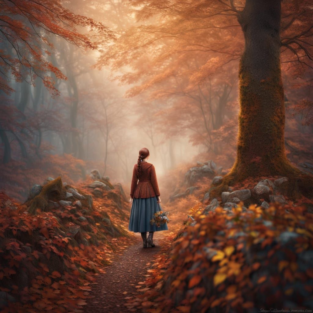 Enchanted Autumn Forest with Glowing Fog and Redhead Woman
