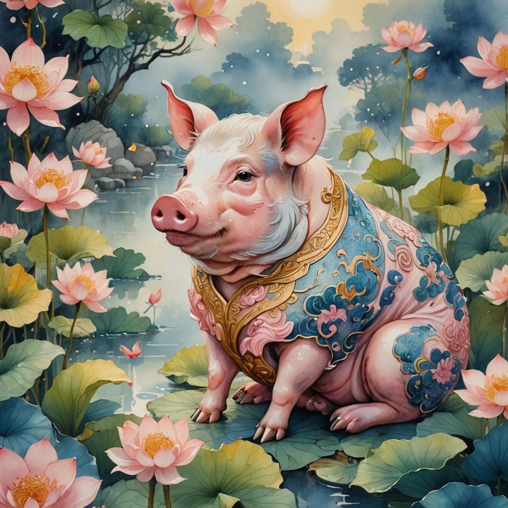 Mythical Zodiac Pig in Serene Garden