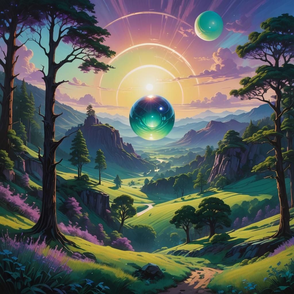 Mystical Orb Illuminates Emerald Landscape as Oil Painting