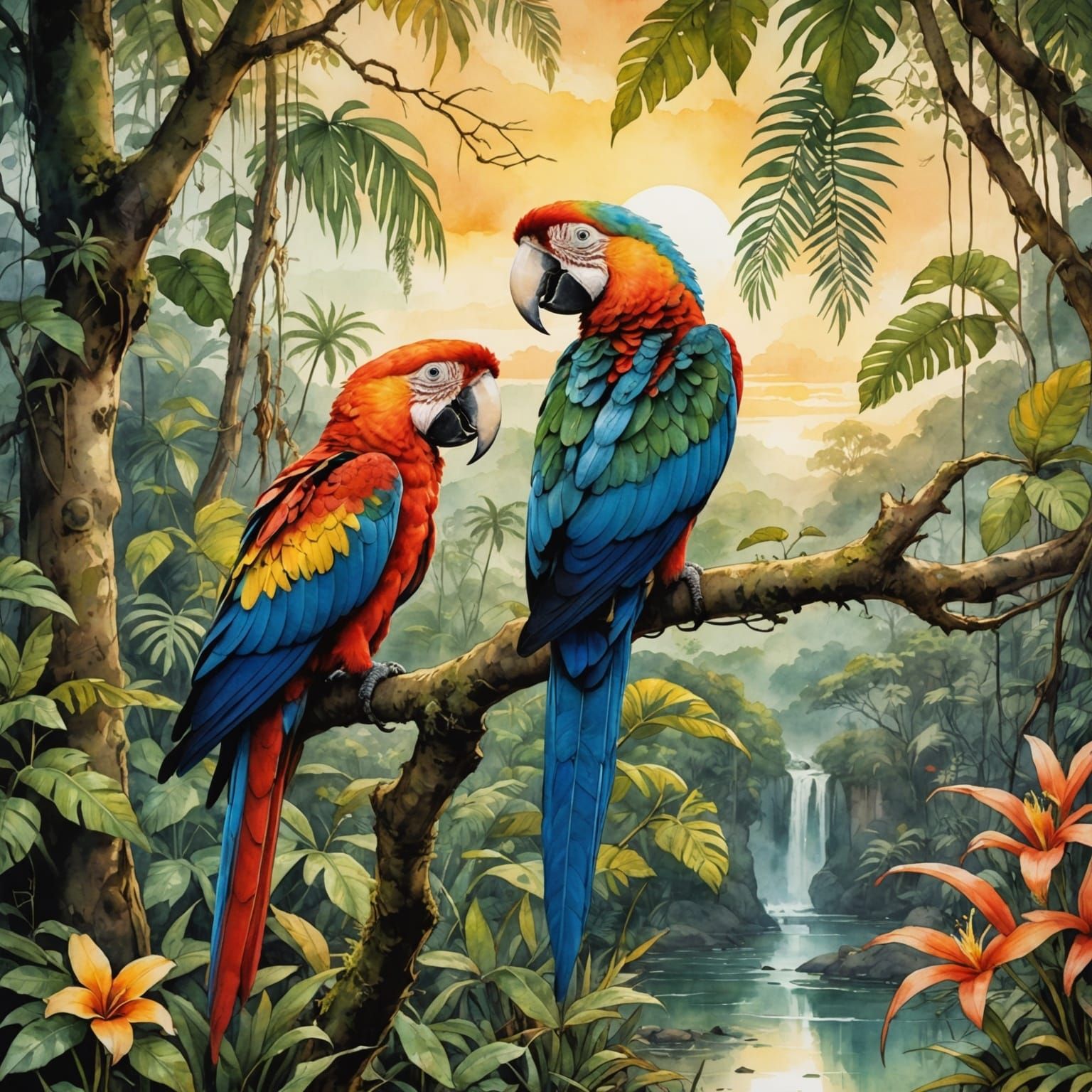 Rainforest River Scene in Watercolor and Ink Style