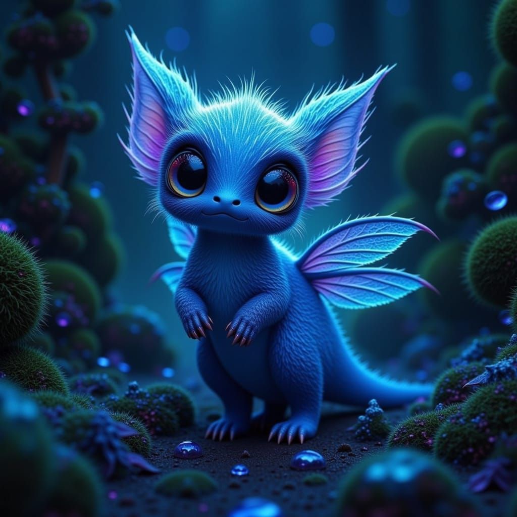 Fantastical Creature in Bioluminescent Forest Digital Painti...