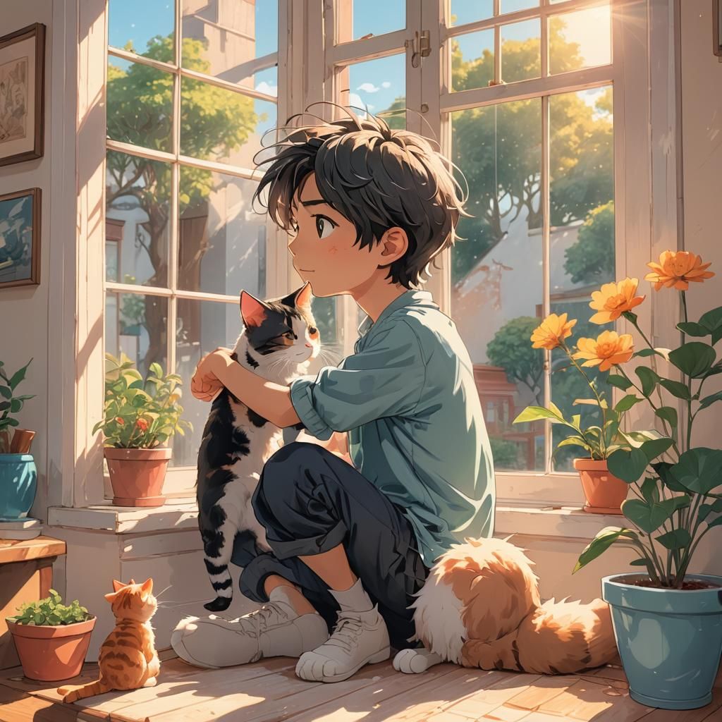 Manga Boy and Cat in Cozy Sunlight