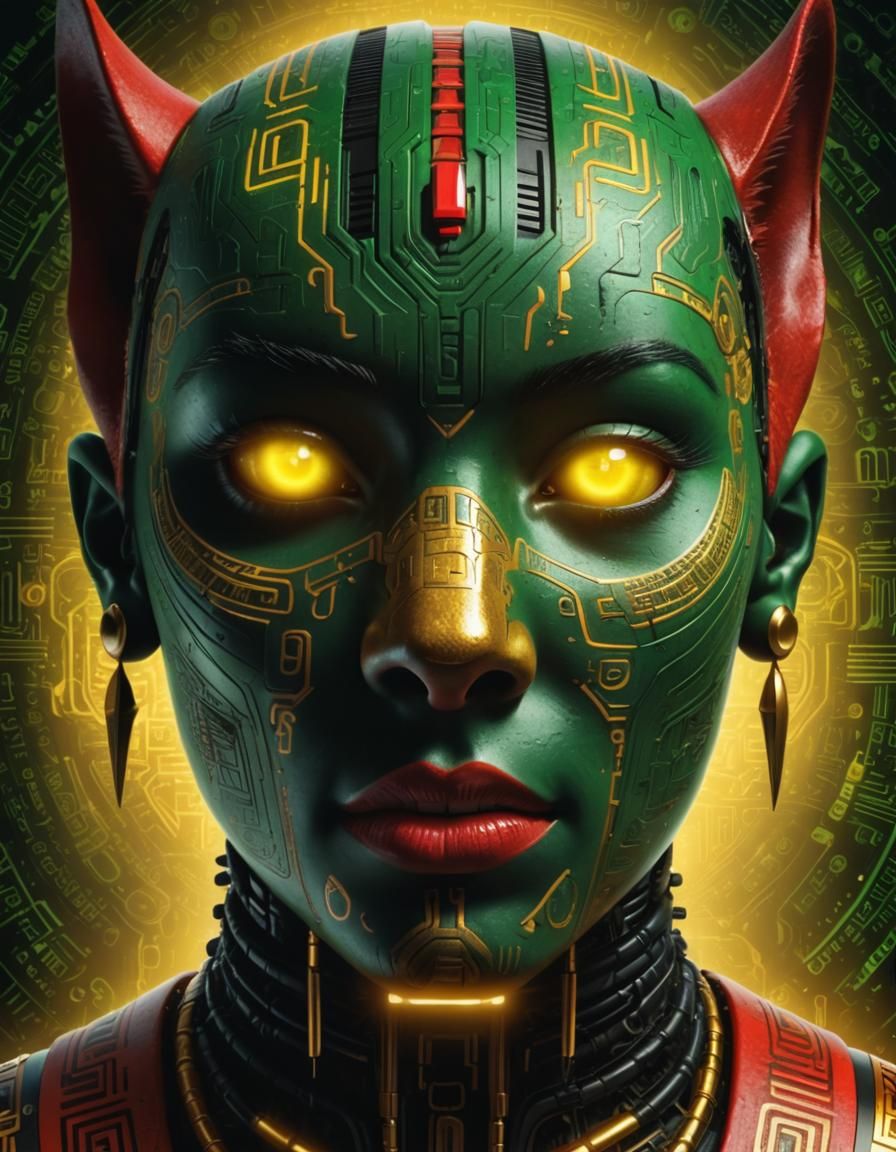 Maori Bastet Goddess with Circuit Board Background