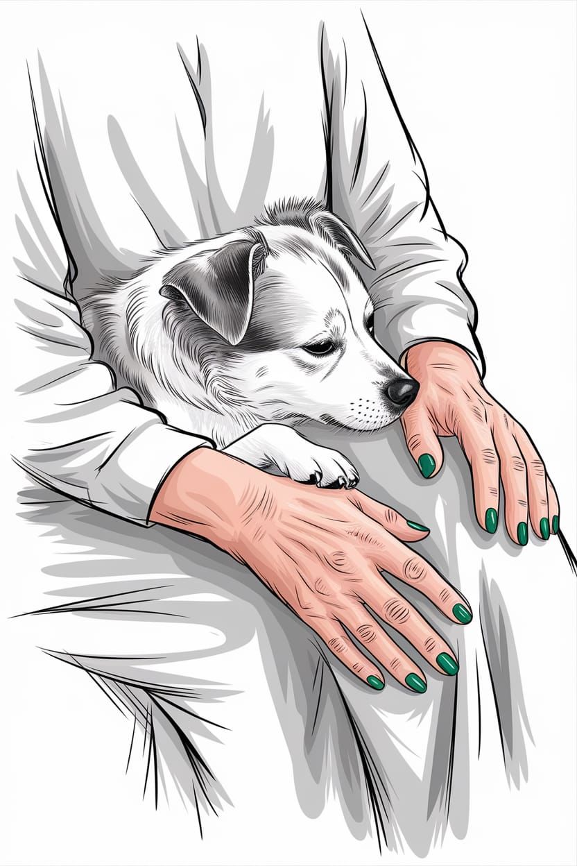 Tender Black and White Sketch of Elderly Woman and Loyal Dog