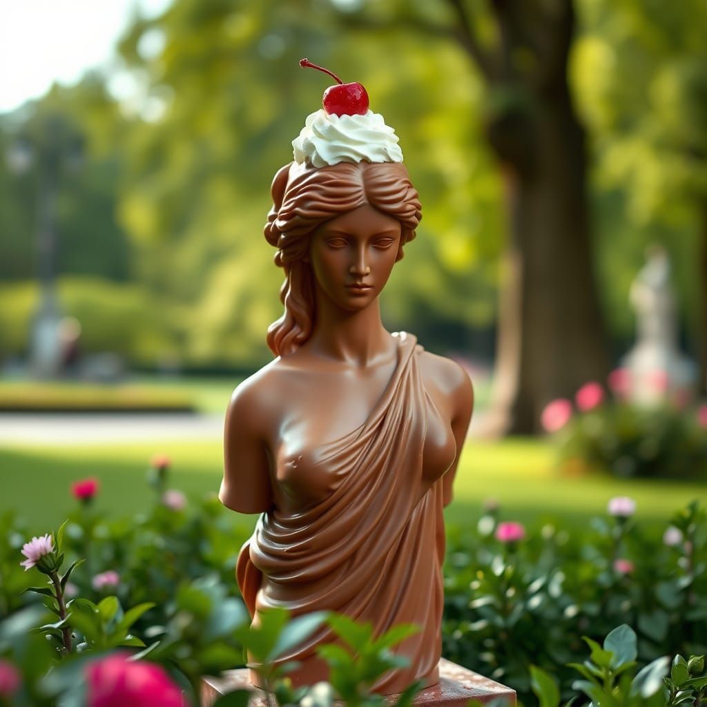 Chocolate Venus de Milo in Lush Parisian Park