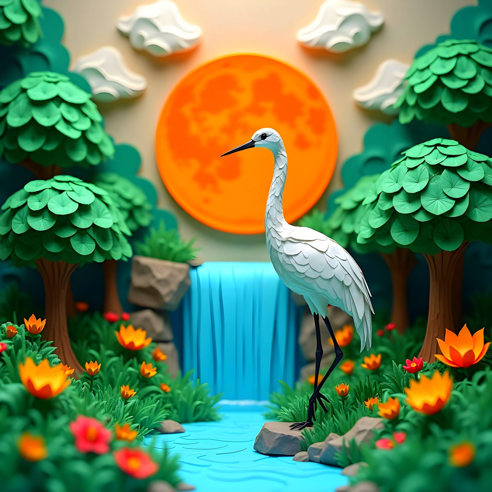 Origami Crane in Surreal Paper Forest
