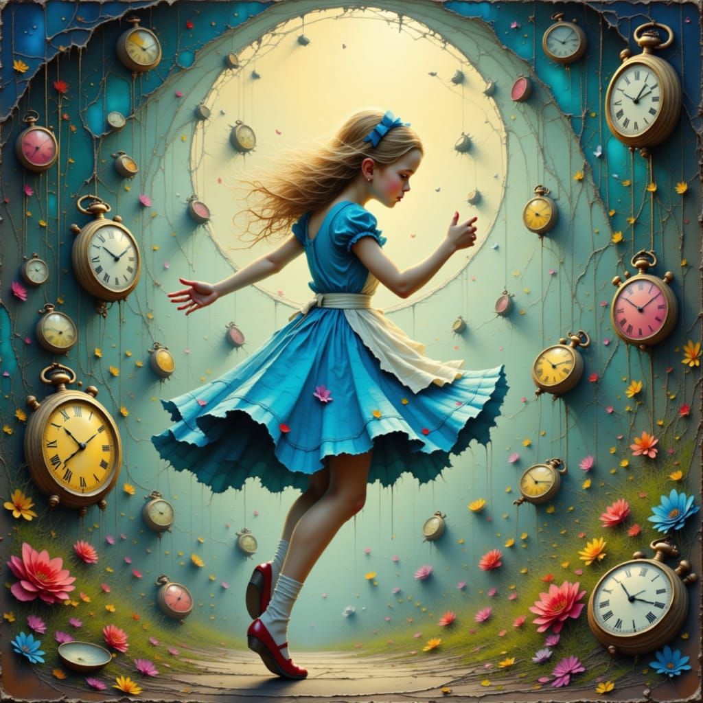 Alice in Surreal Vortex of Teacups and Watches