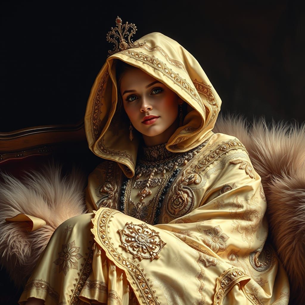 Exotic Queen in Damask Cloak, Hyperrealistic Portrait
