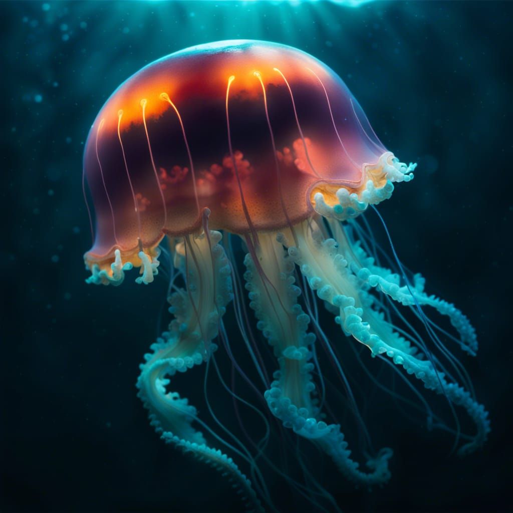 Bioluminescent Jellyfish in Abyssal Depths: Cinematic Still