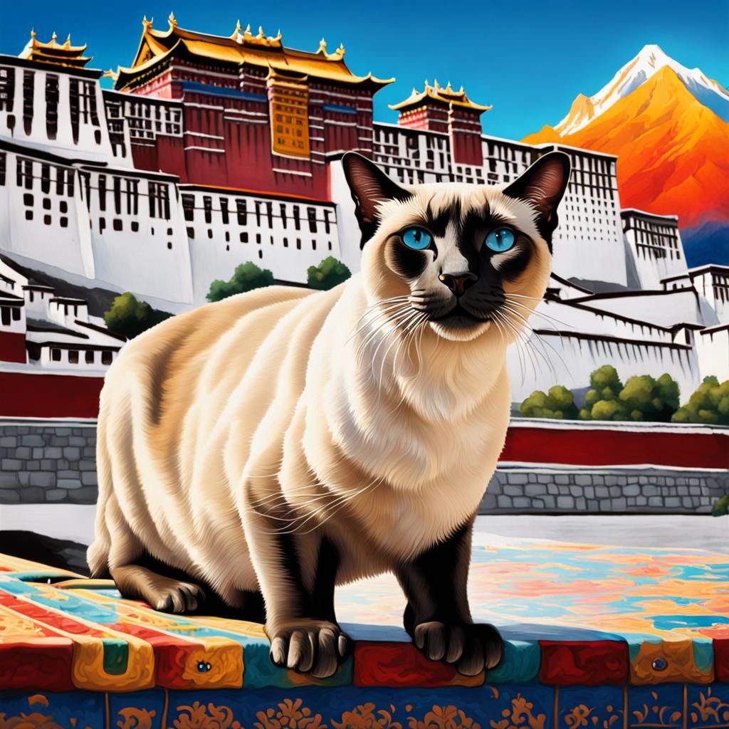 Siamese Cat at Potala Palace: Hyperrealistic Splash Art