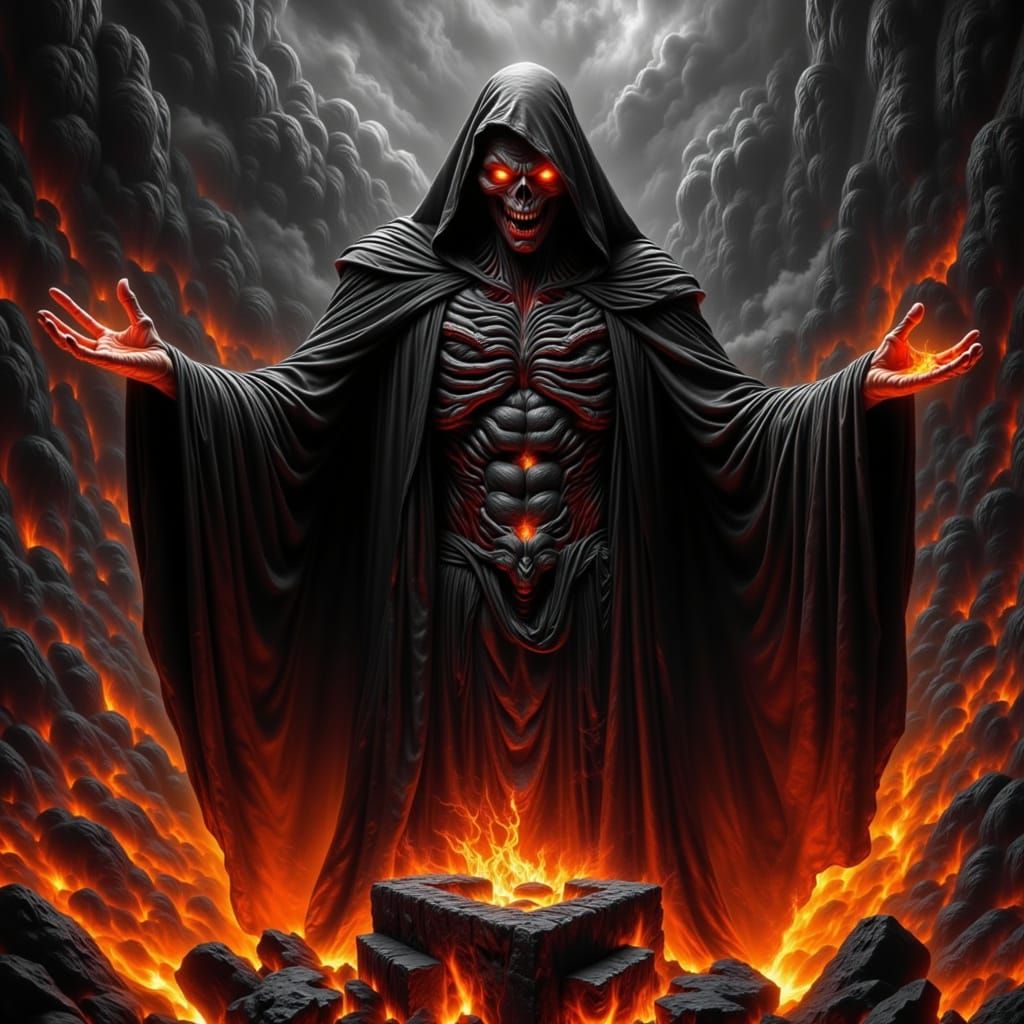 A demonic preacher stands in a fiery pulpit,