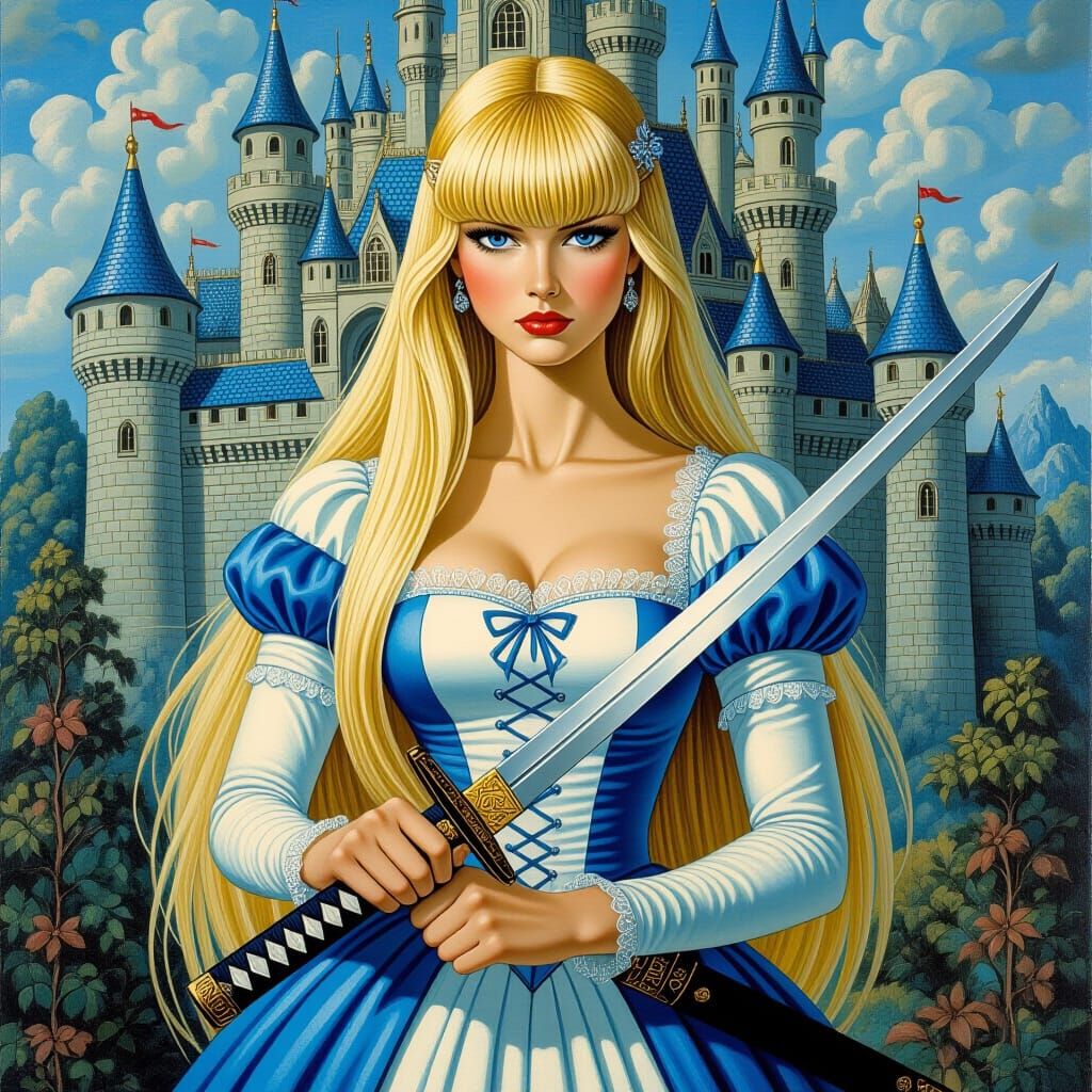 Fierce Cinderella with Samurai Sword as Oil Painting